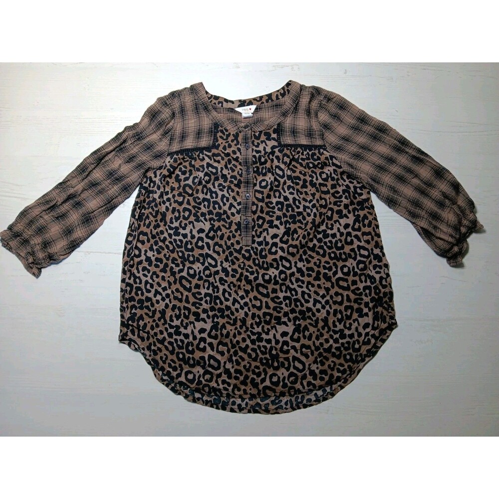 Intro Womens Button Pullover Blouse Leopard Plaid Patchwork Long Sleeve Size PM